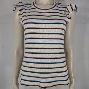 Veronica Beard ivory colorful striped ruffle sleeve ribbed knit top blouse Small